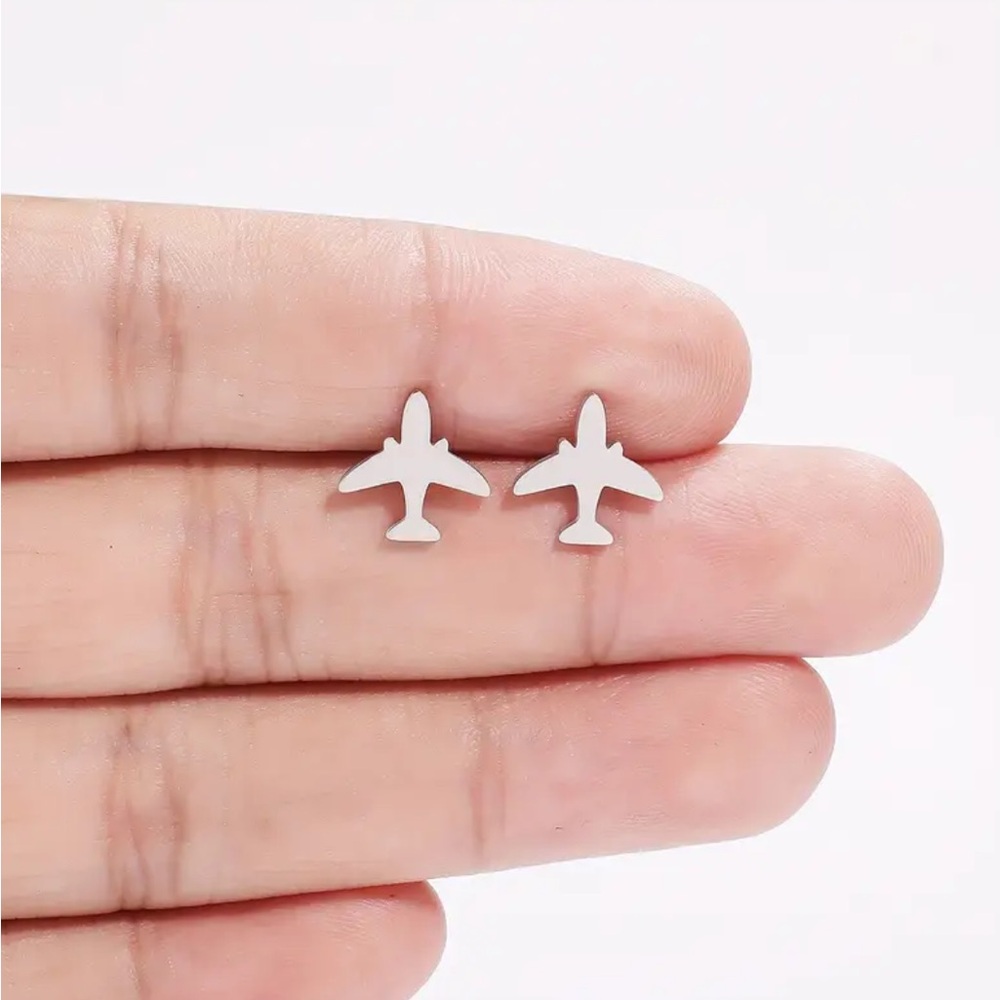 Silver Stainless Steel Airplane Stud Earrings